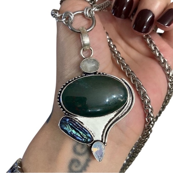 925 sterling silver overlay heliotrope moonstone opalite & pearl boho necklace - Picture 2 of 14